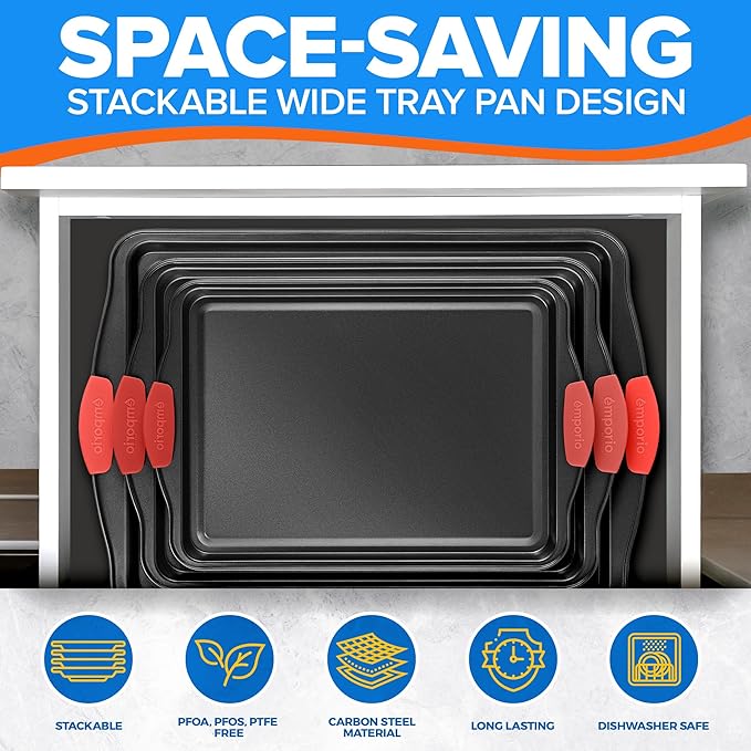 Emporio Kitchen Baking Pan Set - Nonstick Coating, Carbon Steel Bakeware Set with Red Silicone Handles, PFOA, PFOS, PTFE Free, Recipe Booklet Included, Oven Safe Tray (Up To 450° F), Set of 3 - Black