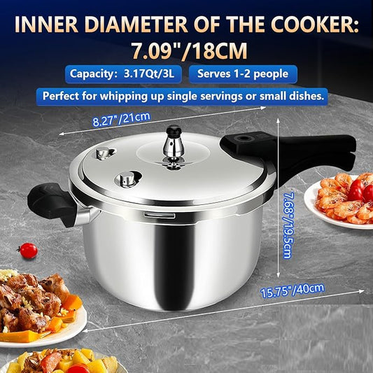 Small Pressure Cooker Stainless Steel, Deeluban 3.17 Quart Thickened Pressure Cooker with Safety Valves Safeguard Devices, Even Heat Distribution, Compatible with Gas & Induction Cooker 1-2 people Use