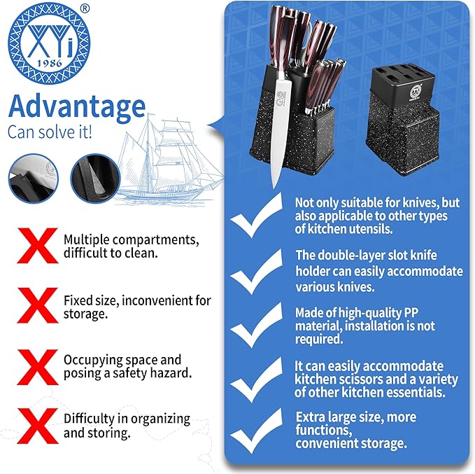 XYJ Authentic Since 1986, Knife Block Set, Kitchen Knives Set With Holder, Scissors, Professional Japanese Chef Knife Set, Paring Bread Carving Slicing Knife, Steak Knives