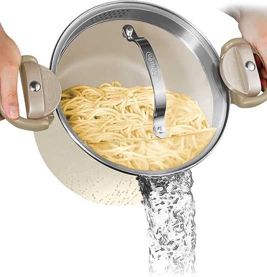 GOTHAM STEEL 5 Qt Ceramic Stock Pot Multipurpose Pasta Pot with Strainer Lid & Twist and Lock Handles, Nonstick Ceramic Pot for Soup, Spaghetti, Rice, Pots for Kitchen, Dishwasher Safe - Cream
