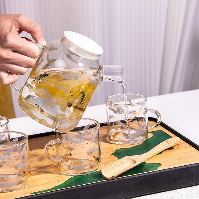 QUANSHNAGJU 5 Piece Glass Tea Pot Set, Golden Maple Leaf Pattern Glass Teapot 25.4oz 750ml With 4 Cups 5.4oz 160ml Stovetop Safe Teapot For Loose Leaf Tea, Perfct As Tea Gift Sets.