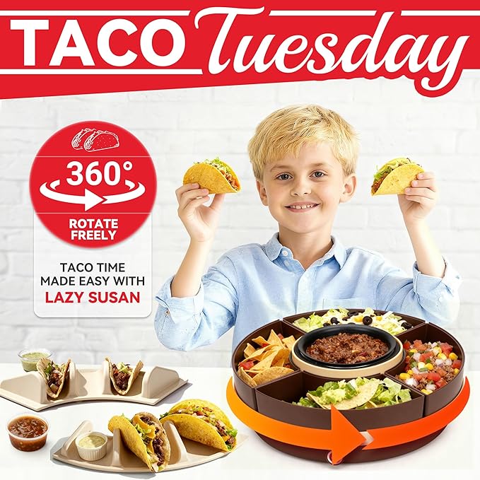 Lazy Susan Taco Bar & Condiment Containers with Lids, 4 Taco Holders for Taco Tuesday Kit, Fondue Pot for Taco Bell Sauce, Burritos, Nachos, and Fajitas, Brown