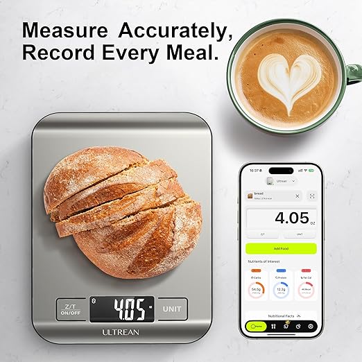 Ultrean Smart Food Kitchen Scale with Nutritional Calculator, Free App for Macro & Calorie Tracking, AI Scan, Digital Grams and Ounces for Weight Loss, Rechargeable, Stainless Steel, 33lb /15kg