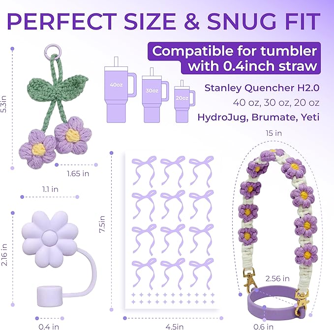 Water Bottle Accessories for Stanley Cup 40 oz 30 oz Tumbler, Including Handle Strap, Silicone Straw Topper Cover, Charm, Original Bow Sticker, Cute Birthday Gifts for Women Her Mom Daughter (Lilac)