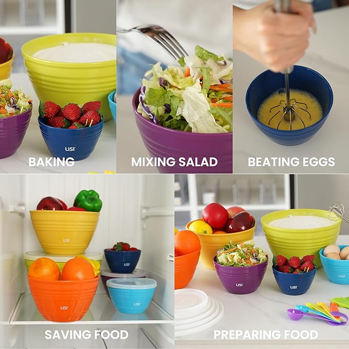 LISI 6 Pack Mixing Bowl Set with Lids, Plastic Bowls for Kitchen, Nesting Salad & Meal Prep Bowls, BPA-Free, Large Storage Bowl with Airtight Lids
