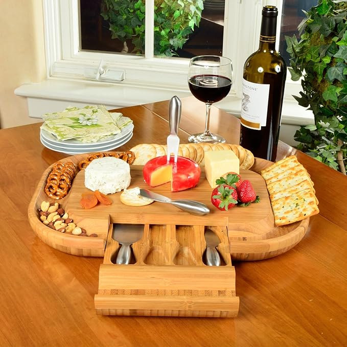 Picnic at Ascot -The "Original" Malvern Deluxe Bamboo Cheese Board with Cracker Groove & Integrated Drawer with Stainless Steel Cheese Knife Set - Designed & Quality Assured in the USA