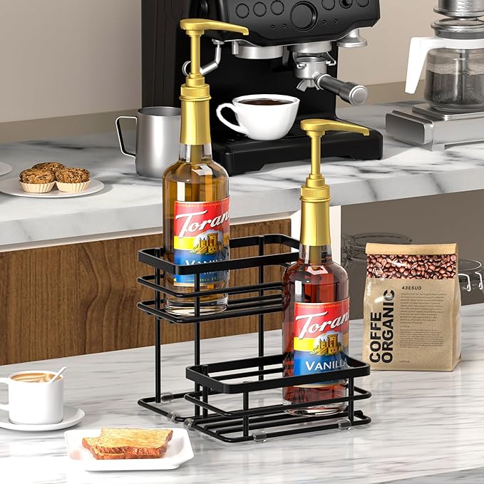 Coffee Syrup Rack Organizer, Syrup Bottle Holder Stand for Coffee Bar, 2-Tier 4 Bottles Storage Shelves for Syrup, Wine, Dressing for Kitchen Countertop (4 Bottles Black)