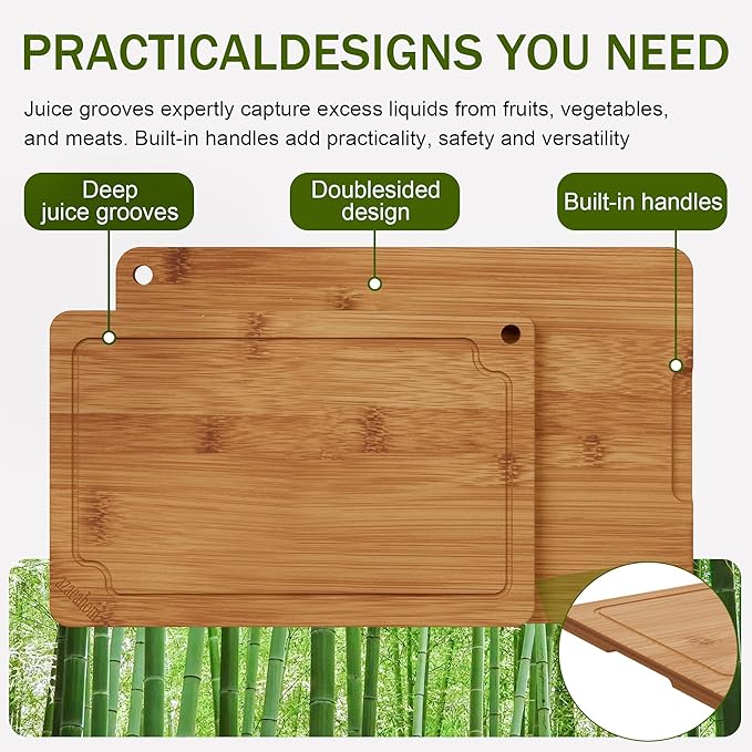 Bamboo Cutting Boards for Kitchen, Wood Cutting Board Set with Juice Grooves & Built-in Handles, Easy Storage & Clean Chopping Board for Meat, Vegetables, Fruit(2 Pcs)