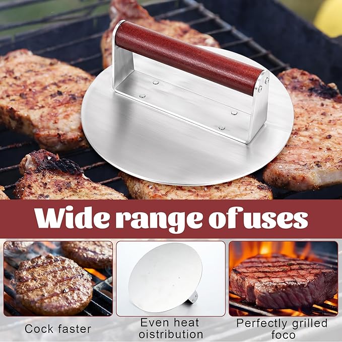 8.5 Inch Bacon Press for Griddle, Stainless Steel Grill Press, Heavy-Duty Burger Press with Heat-Resistant Handle, Non Stick Hamburger Press, Weight Burger Smasher for Meat, Steak, Panini
