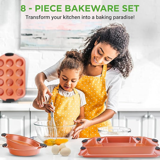 NutriChef 8-Piece Baking Pans Set - Nonstick Bakeware Set w/Silicone Handles, Includes 12 Cup Muffin, Round Cake, Pizza, Loaf & Square Pan, & Cookie Sheet - Dishwasher Safe & Easy Cleanup - Copper