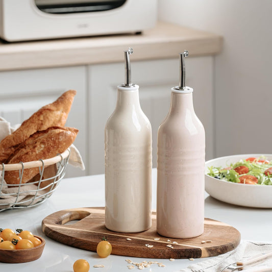 amiware Jupiter 16oz Ceramic Olive Oil Dispenser Bottle, Olive Oil and Vinegar Dispenser Bottle Set of 2 with Stainless Steel Pourers, Suitable for Storage Vinegar, Vanilla White & Light Pink