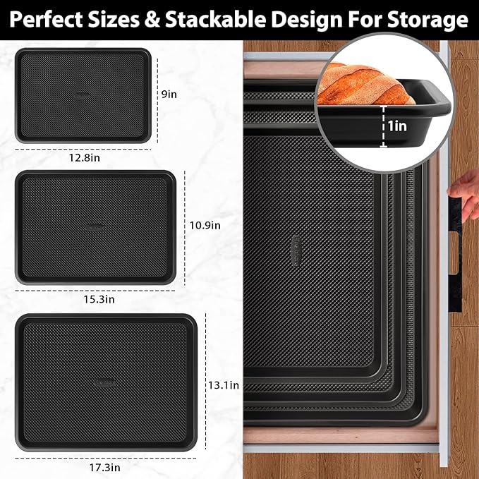 Cookie Sheets for Baking with Cooling Rack Set of 4, 0.8mm Thick Nonstick Baking Sheets for Oven, Half/Quarter/Jelly Roll Pans for Oven, Heavy Duty Oven Trays with Diamond Texture