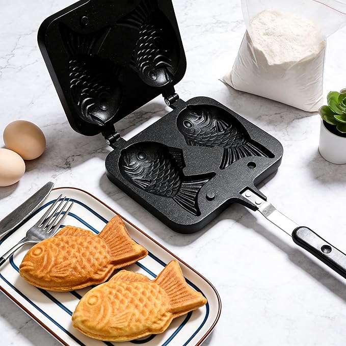 Taiyaki Fish Shape Cake Pan,Non-stick Double Waffle Cake Maker with Long Handle and Oil brush,for Dessert,Dorayaki,Red Bean Pie,mini Cheese Cake