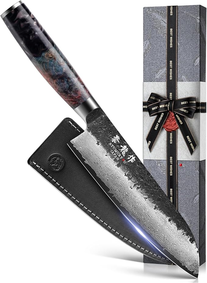 7 Inch Japanese Chef knife, 67 Layers Damascus Chef Knife with VG10 Steel Core, Professional Santoku Kitchen Knives with Ergonomic Handle, Leather Sheath & Luxury Gift Box, Cooking Gifts for Women