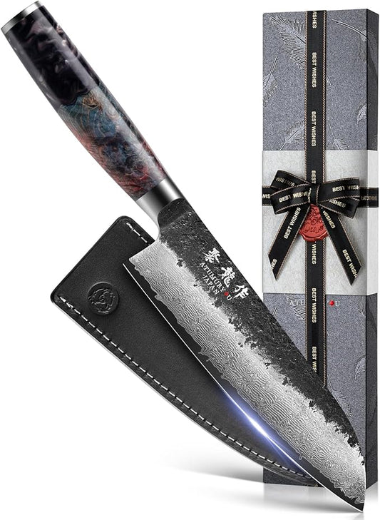 7 Inch Japanese Chef knife, 67 Layers Damascus Chef Knife with VG10 Steel Core, Professional Santoku Kitchen Knives with Ergonomic Handle, Leather Sheath & Luxury Gift Box, Cooking Gifts for Women
