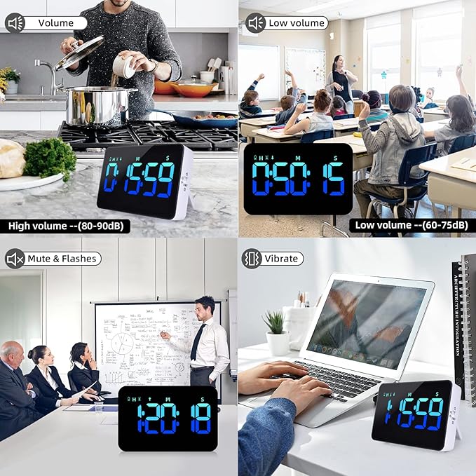 Kitchen Digital Timer, Count Down Up, Rechargeable, Vibration Mode Adjustable Volume and Brightness LED Display, Time Management Cook, Desk, Kids Adults Study Teaching, Kitchen Gadgets Blue