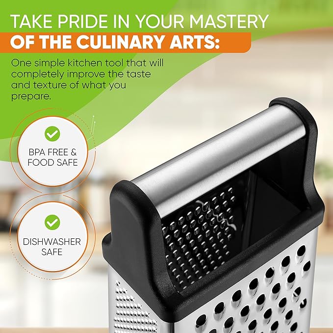 Spring Chef Stainless Steel Lemon Zester, Fine & Coarse Shred, Set of 2 & Professional Cheese Box Grater, XL Size - 2 Product Bundle - Black