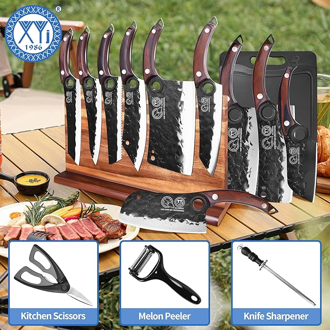 XYJ Authentic Since 1986,Knife Block Set,High Carbon Steel Forged Blades,Kitchen Knives Set with Wooden Magnetic Knife Block,Sharpening Steel,Cutting Board,Cleaver Slicing Knife,Wood Handle