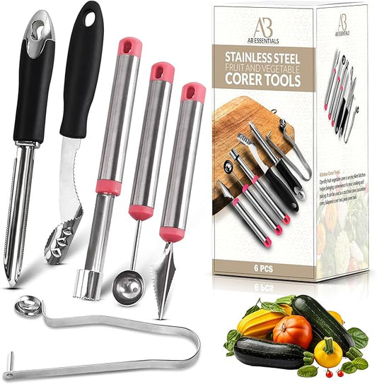 Fruit and Vegetable Corer Set – 6 PCS Stainless Steel Apple Corer, Jalapeno Tool, Melon Baller, Pepper Corer Seed Remover Tool, Pineapple Tomato & Zucchini