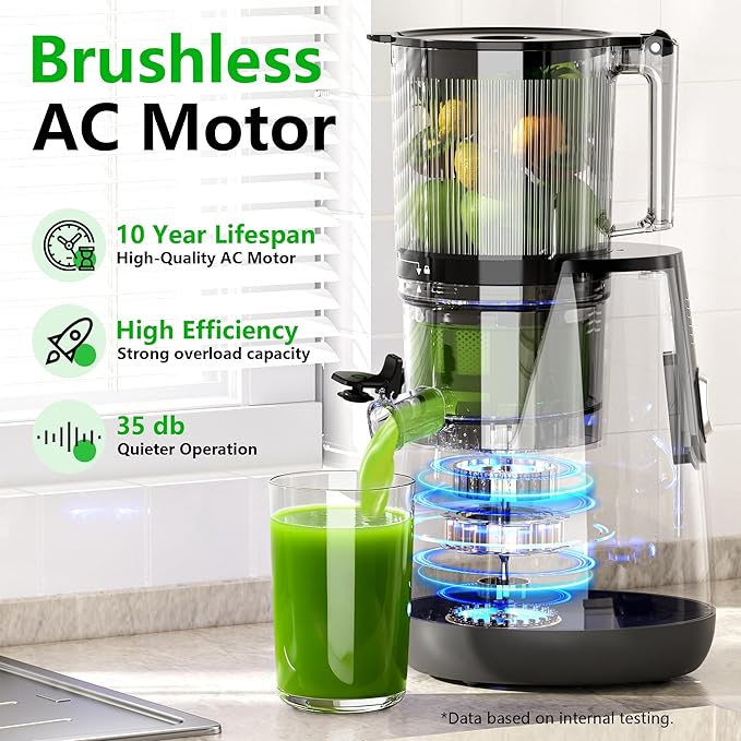 B12 Cold Press Juicer, 6" Extra Large Feed Chute Slow Masticating Juicer Machines, Powerful AC Brushless Motor, Self Precut System, Juicer Machines with BPA-Free, Extra one Replace juicer strainer