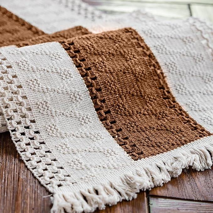Alynsehom Macrame Table Runner Cream Beige and Caramel Boho Table Runners with Tassels Hand Woven Cotton Table Runner Rustic Farmhouse Table Runners for Bohemian Kitchen Dining Table(12x48in)
