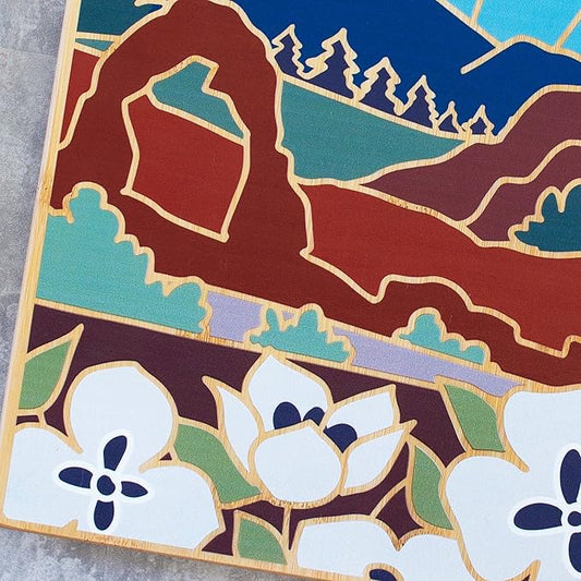 Totally Bamboo Utah State Shaped Cutting Board and Charcuterie Serving Platter with Artwork by Summer Stokes, Includes Hang Tie for Wall Display Varies