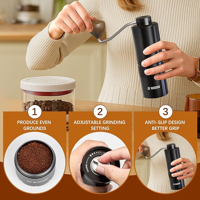 CF WISDOM Espresso Manual Burr Coffee Grinder – 420 Stainless Steel Conical Burrs, Dual Bearings, Precision Adjustable Hand Grinder, Portable Travel Coffee Bean Grinder