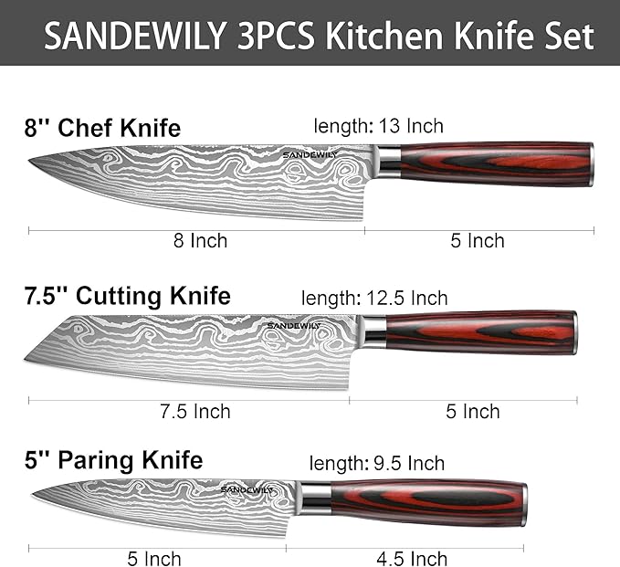 3-Piece Kitchen Knife Set, Japanese Style High Carbon Stainless Steel Chef Knives with Sheaths for Daily Home Use