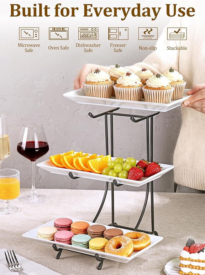 Yedio 3 Tier Serving Tray Set – 12 Inch Porcelain Serving Platters with Pre-Assembled Black Metal Stand, No Installation Required, Tiered Tray for Dessert Fruit Food Display and Party Entertaining