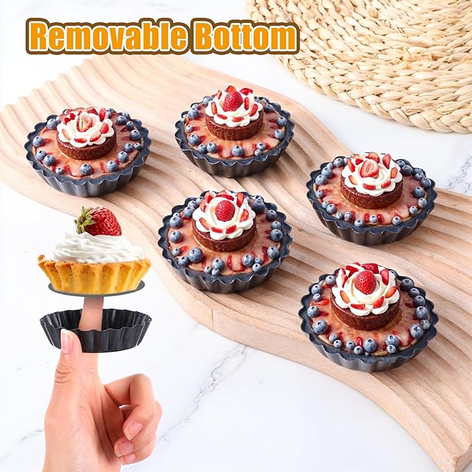 16 Pcs Mini Tart Pans Egg Tart Molds with Removable Bottom Round Nonstick Quiche Pan Mini Pie Pans Small Bakeware Mold Fluted Side for Mousse Cake Dessert Baking (3 Inch, Dark Gray)