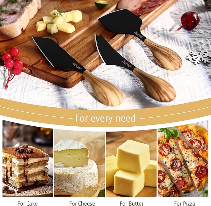 hecef Cheese Knife Set of 3, Includes Pronged, Hard Cheese & Chisel Knife, Matte Black Stainless Steel Knives with Wood Grain Handles, Cheese Tools for Charcuterie Boards, Entertaining, Feast