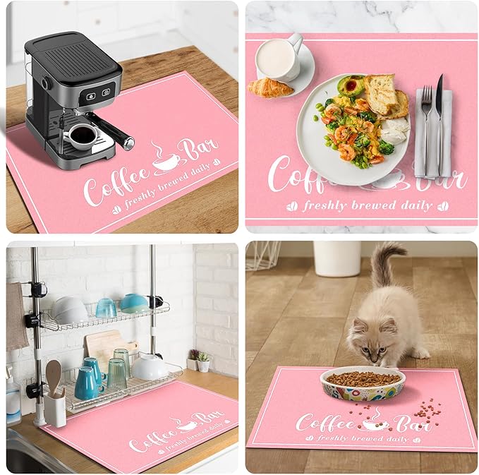 Absorbent Coffee Mat, Fashion Dish Drying Mat for Kitchen Counter Coffee Bar Accessories Espresso Machine Dish Rack 17" x 32" Pink