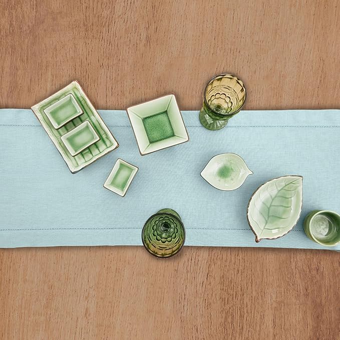 Solino Home Linen Aqua Blue Table Runner 144 Inches Long - 100% Pure Linen Extra Long Table Runner 14 x 144 Inch for Spring, Easter - Classic Hemstitch