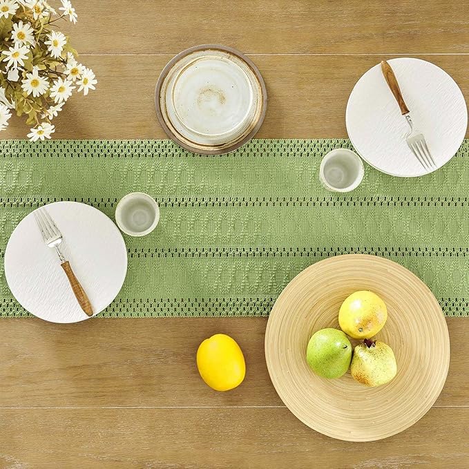 ZeeMart Macrame Style Boho Table Runner, Sage Green Table Runners 48 Inches Long, Farmhouse Woven Home Decor, 12x48 Inch, Green