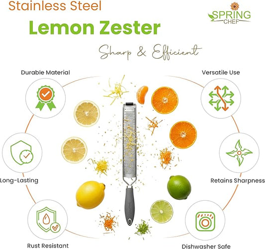 Spring Chef Stainless Steel Lemon Zester Grater with Handle - Garlic, Cheese, Parmesan, Nutmeg, Lime, Ginger Grater - Heavy Duty Kitchen Tool - Citrus Zester with Blade Cover - Fine Shred - Gray