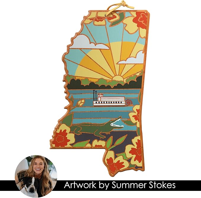 Totally Bamboo Mississippi State Shaped Cutting Board and Charcuterie Serving Platter with Artwork by Summer Stokes, Includes Hang Tie for Wall Display