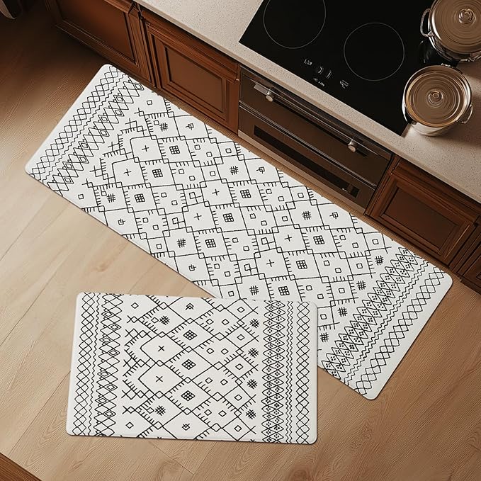 FRESHMINT Anti Fatigue Kitchen Mats for Floor 2 Piece Set, Waterproof & Non-Skid Moroccan Geo Kitchen Rugs, Cushioned Kitchen Mat for Standing Washable Comfort Desk Kitchen Runners, 17x30''+17x47''