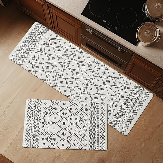 FRESHMINT Anti Fatigue Kitchen Mats for Floor 2 Piece Set, Waterproof & Non-Skid Moroccan Geo Kitchen Rugs, Cushioned Kitchen Mat for Standing Washable Comfort Desk Kitchen Runners, 17x30''+17x47''