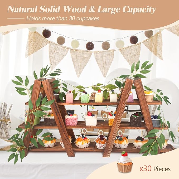 Wooden 3-Tier Cupcake Stand with Removable Trays & Vine Decoration — Foldable Party Display Serving Ladder with Platter for Cake, Snacks, Fruits, Chips, Bread