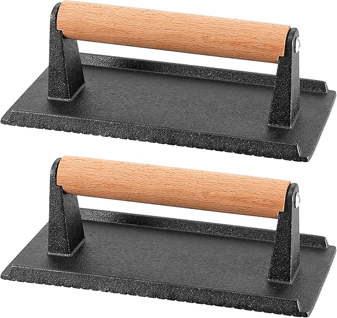 HOIGON 2 PCS 8 x 4 Inch Heavy Duty Cast Iron Grill Press, Flat Bottom Steak Weight Bacon Barbecue Presses with Solid Wood Handle for Burgers, Bread, Pushing Down On Steaks