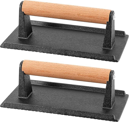 HOIGON 2 PCS 8 x 4 Inch Heavy Duty Cast Iron Grill Press, Flat Bottom Steak Weight Bacon Barbecue Presses with Solid Wood Handle for Burgers, Bread, Pushing Down On Steaks