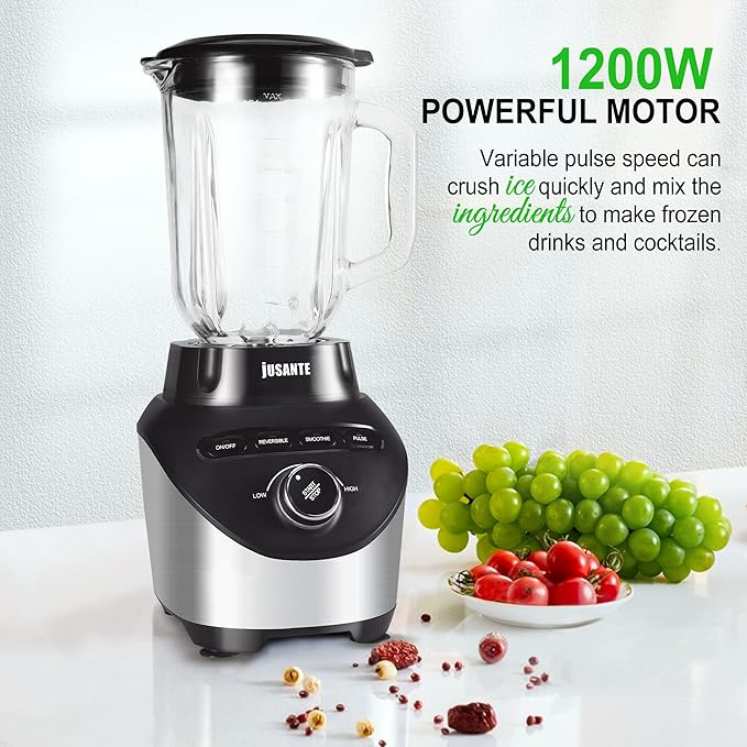 JUSANTE Professional Blender with 1200 Watts and 64 oz Glass Jar Kitchen Countertop Blender for Shakes and Smoothies with High Speed Total Crushing Smoothie Blender Black for Smoothies Frozen Drinks
