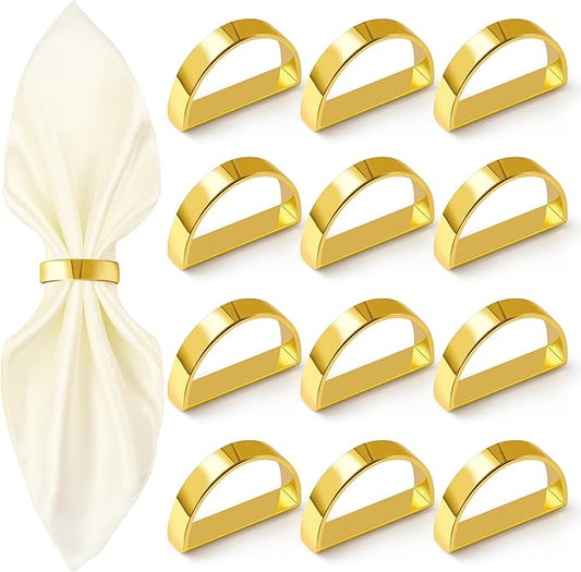 Gold Napkin Rings Set of 12, Semicircle Metal Bright Gold Napkin Holder Buckles, Fall Thanksgiving Christmas Napkin s Rings for Dinner Table Decor, Wedding, Banquet, Party, Easter