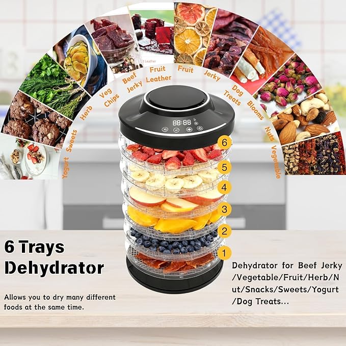Food Dehydrator, Large 12'' 6 Trays Meat Dehydrator for Jerky, 600W Herb Dryer 24H Timer & Temp Control for Fruit Snacks Yogurt Dog Treats ETL Approved (Black 6 Trays)