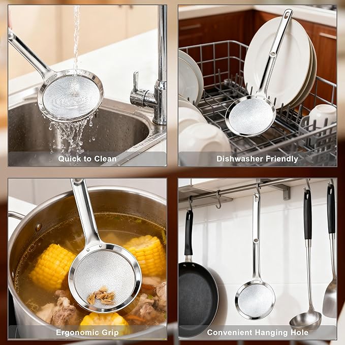 3 Pack Fine Mesh Skimmer Spoons, 304 Stainless Steel Strainer Ladles with Long Handles, Extra Fine Kitchen Sieves for Oil, Grease, Foam, Pasta, Seafood & Hot Pot Cooking