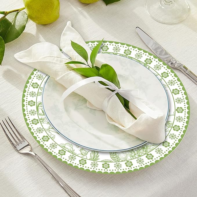 50 Pcs 14 Inch Green Floral Paper Place Mats Chinoiserie Round Placemats Flower Disposable Decorative Table Mats for Dinner Table Setting Banquet Party Supplies