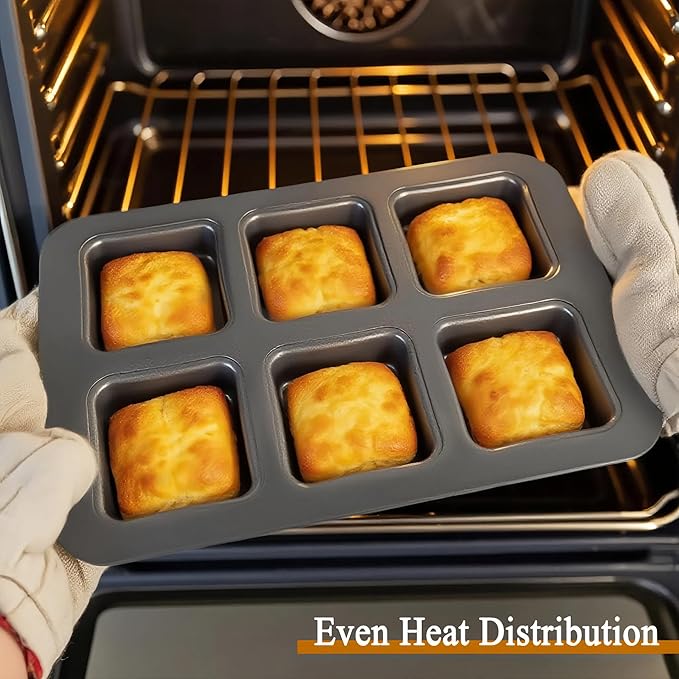 Elesinsoz 6 Cup Square English Muffin Pan with Lid Straight Side Hamburger Burger Bun Egg Sandwich Frittata Cinnamon Roll Focaccia Quiche Pancake Nonstick Baking Tin Tray Mold