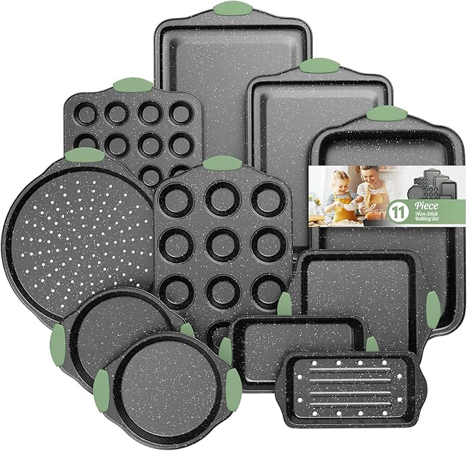 Slow Slog 11-Piece Nonstick Bakeware Set, Stackable & Oven-Safe Kitchen Baking Pans with Silicone Handles - Includes Cookie Sheet, Cake Pan, Muffin Tin, Pizza Stone & Bread Loaf Pan, Dark Green&Black