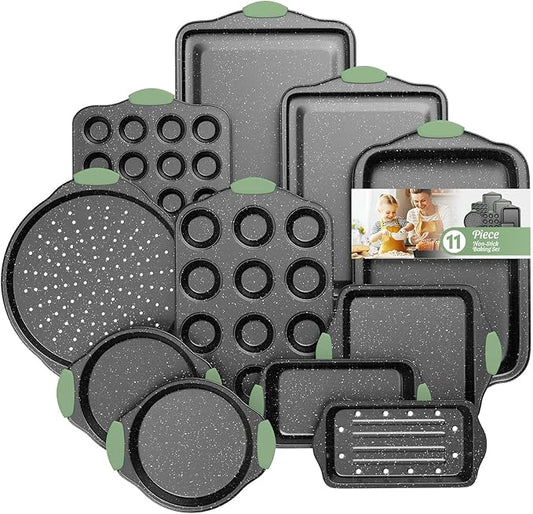 Slow Slog 11-Piece Nonstick Bakeware Set, Stackable & Oven-Safe Kitchen Baking Pans with Silicone Handles - Includes Cookie Sheet, Cake Pan, Muffin Tin, Pizza Stone & Bread Loaf Pan, Dark Green&Black