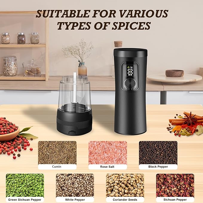 Electric Salt and Pepper Grinder Set, Automatic Refillable Salt and Pepper Shakers 2-Speed Setting with LED Light and 5 Adjustable Coarseness,Practical and Convenient Kitchen Gadgets（Black）